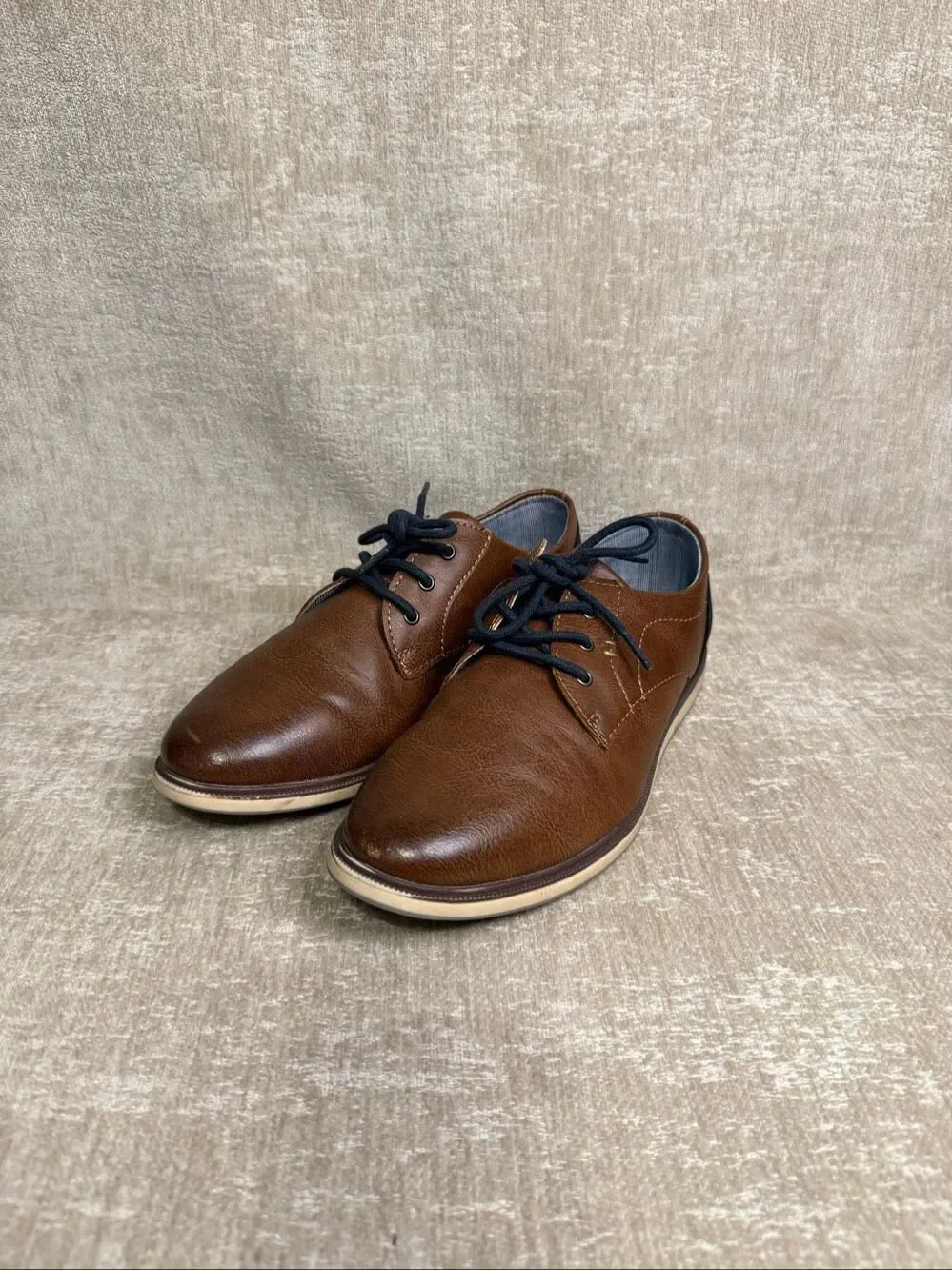 Max + Jake Boys Faux Leather Oliver Oxford Dress Shoes Cognac Brown Navy Size 6M